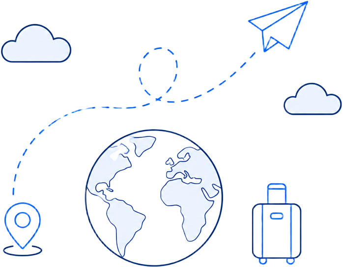 Ilustração de um avião de papel seguindo uma rota até um destino, com globo e mala